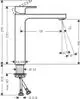 Hansgrohe Einhebel-Waschtischmischer mit isolierter Wasserführung, skizzenhafte Darstellung mit Abmessungen und verschiedenen Winkelangaben in einem technischen Diagramm.